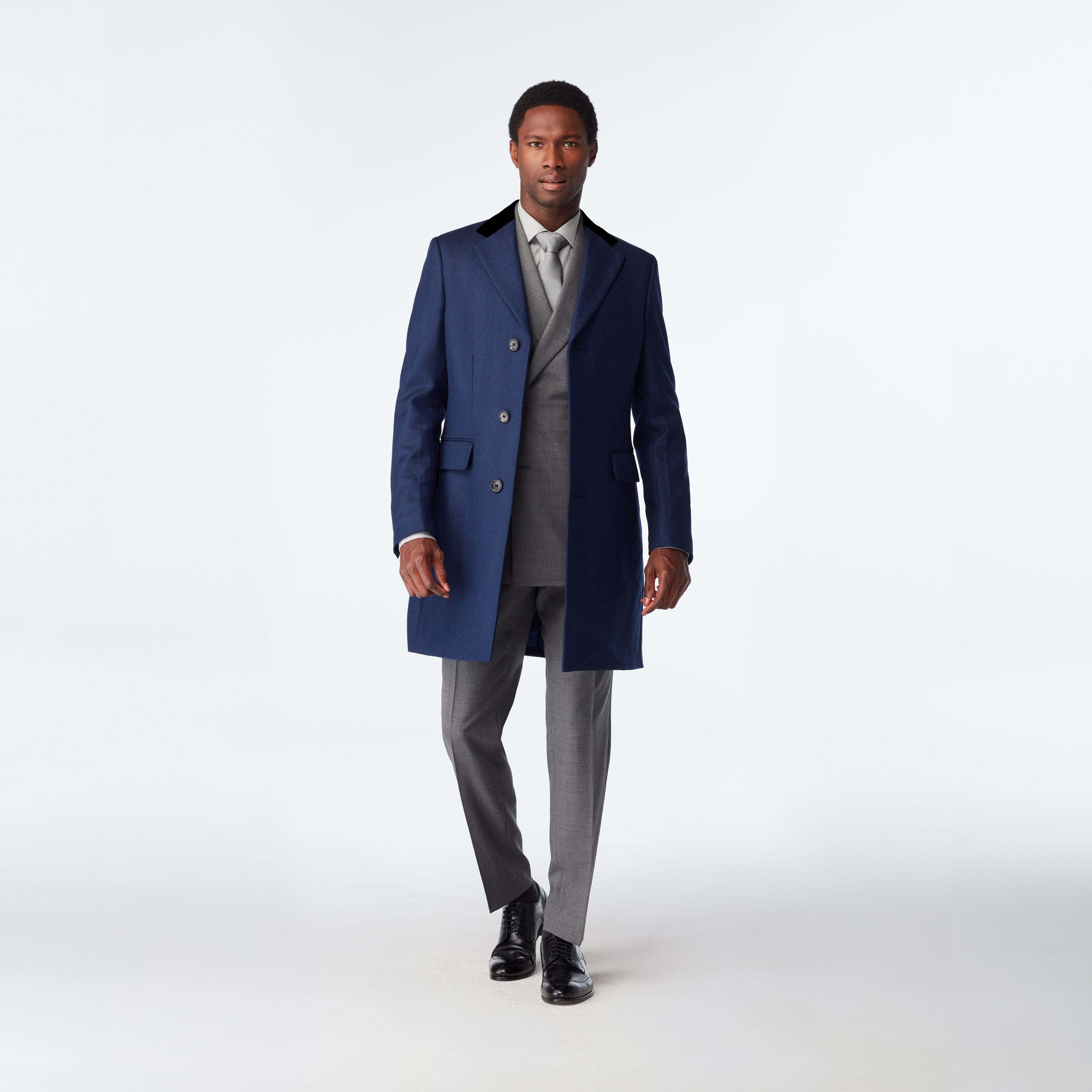 Huntley Herringbone Navy Quilted Chesterfield Overcoat