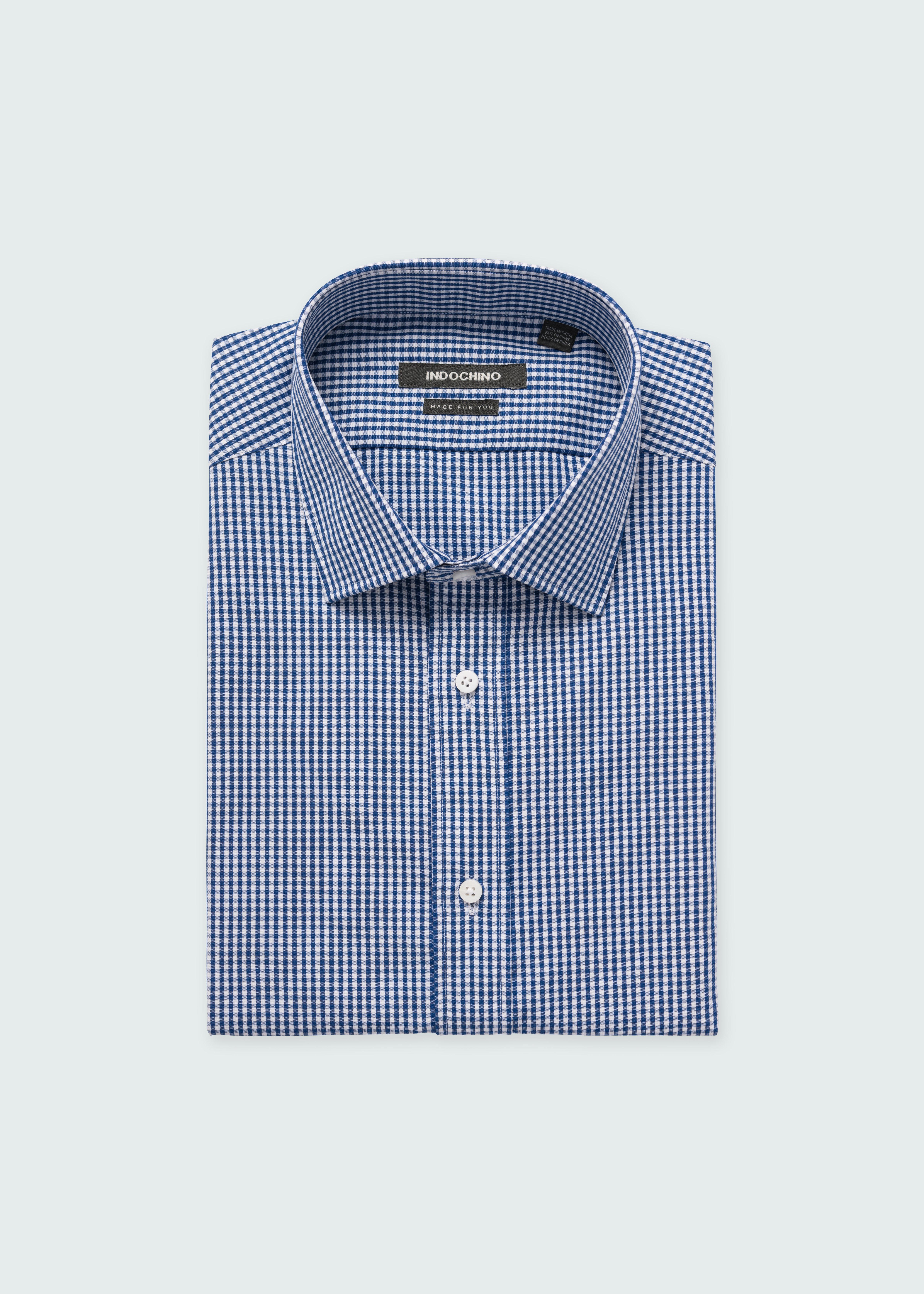 Helston Anti-Wrinkle Gingham Navy Shirt